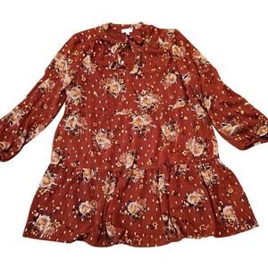 Luxology women's XL ruffled bronze floral print long sleeve dress